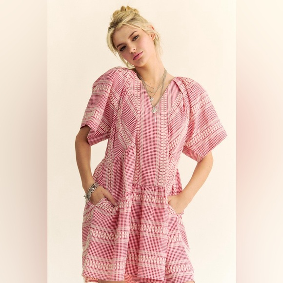 🟠 94B. Embroidered Stripe Detail Gingham Mini Dress - Red - Picture 11 of 13